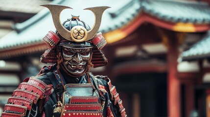 Fototapeta premium portrait samurai with oni mask standing in front of traditional building