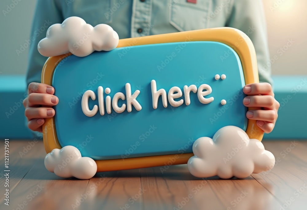 Poster a hand holding a blue and yellow button with the text 'click here' in white 3d letters.