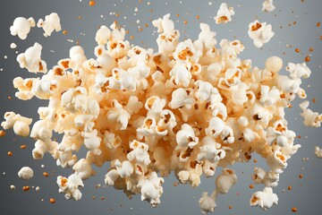 Exploding popcorn kernels, buttered, flying, gray background.