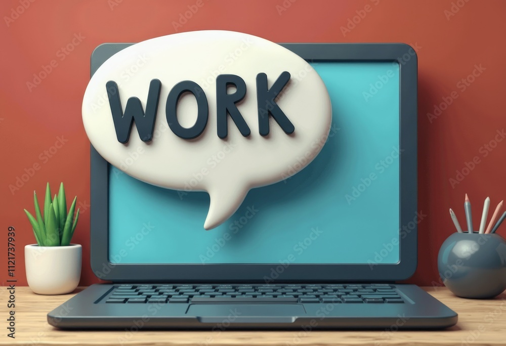 Poster a laptop with a speech bubble saying 'work' on the screen.