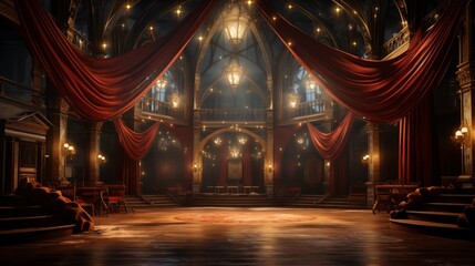 A spectacular stage with opulent curtains, glowing lights, and the promise of an unforgettable show.