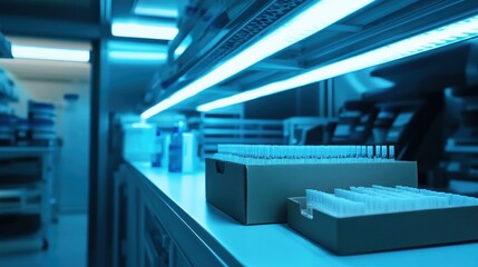 Laboratory workspace with test tubes and vials.