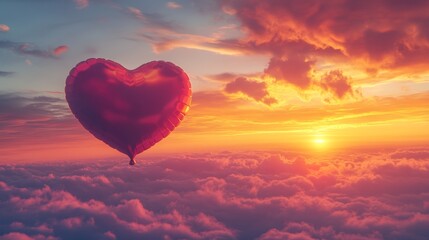 Fototapeta premium Heart-Shaped Balloon Floating Against Soft Pink and Purple Sunset Sky Creating Romantic and Dreamy Scene