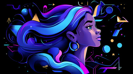 This engaging portrait features a figure with vivid neon blue and purple hair accents that flow and twist like smoke. their expression is serene yet introspective harmonizing. Harmonic. Illustration