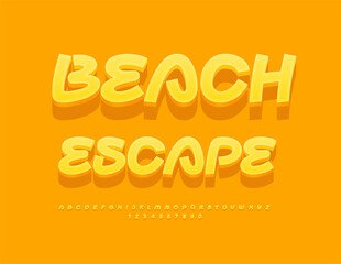 Vector summer banner Beach Escape. Playful Yellow Font. Handwritten 3D Alphabet Letters and Numbers set.