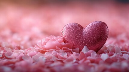 Fototapeta premium Pink heart on pink rose petals perfect for Valentines Day cards, romantic messages, or love themed designs with soft, elegant backgrounds