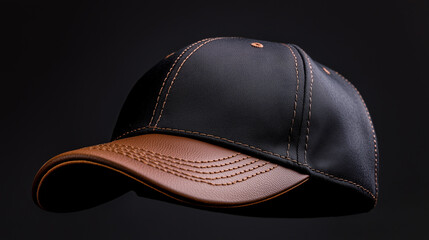 A close-up shot of classic  black and brown leather baseball cap, again black background