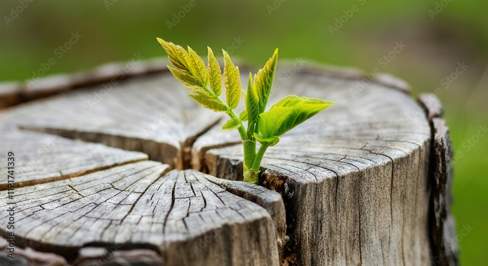 Poster New Life concept with seedling growing sprout (tree). Close-up of a seedling emerging from a crack in the center of a cut tree stump.