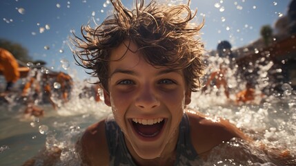 Obraz premium Bright smiles as a young boy enjoys thrilling slides and cool splashes, soaking in the fun of a lively waterpark.