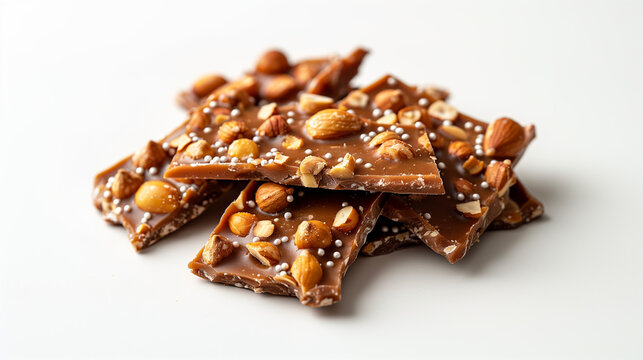 Chunky peanut brittle with mixed nuts and chocolate pieces on a white background

