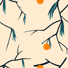 Branches with fruits and leaves | seamless pattern with orange colour fruits and long green leaves with a pale skin background