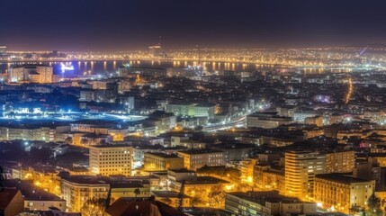 A panoramic night view of a city illuminated with lights and a river in the background.