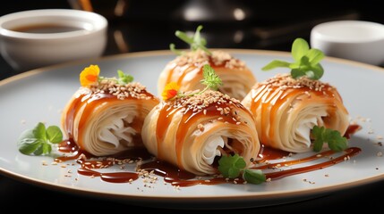 Four elegant pastries drizzled with caramel sauce and sesame seeds, garnished with edible flowers on a grey plate.