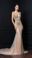 Fototapeta premium Embellished evening gown long train black background 