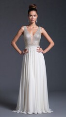 Floor length chiffon dress diamond embellishments deep V neck white background 