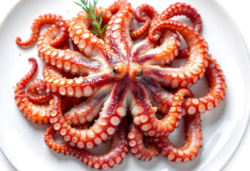 Top view a raw octopus on the plate isolated on white background