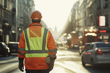 Fototapeta premium Construction worker dressed in uniform and repairing city street road
