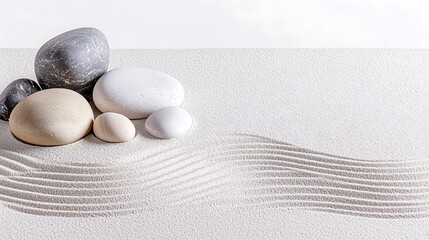 A serene zen garden featuring meticulously raked sand patterns surrounding a collection of smooth, rounded stones in varying shades of gray and beige. The gentle curves of the sand create a sense of