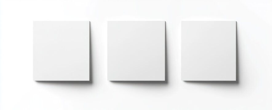 Three blank white square cards on white background.