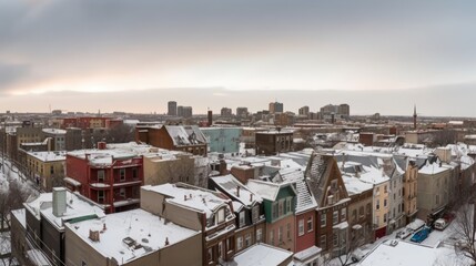 A panoramic view of a snowy urban landscape with rooftops and distant buildings.