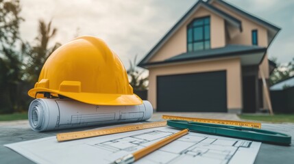 Home Construction: Blueprint, Hard Hat, and Measuring Tools