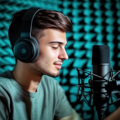 Young man singing into microphone in recording studio.