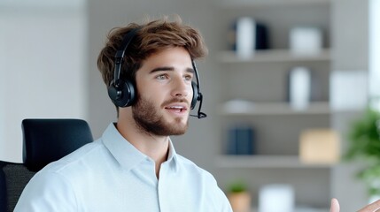 Young man in headset engaging in a virtual meeting or presentation.