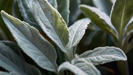 Macro Shot of Frosted Green Leaves Highlighting Intricate Veins