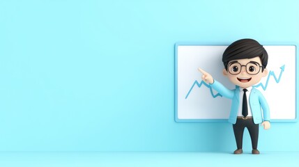 Cartoon character presenting a graph on a blue background.
