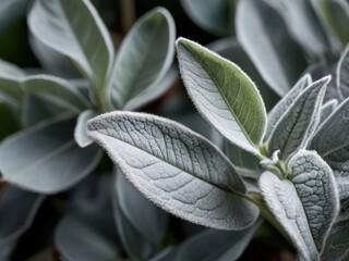 Obraz premium Detailed View of Green Leaves Covered in Frost with Vein Patterns