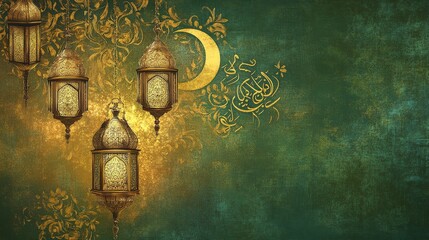 Naklejka premium Festive Eid Al-Fitr Lanterns with Golden Calligraphy