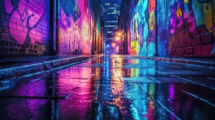 Neon-lit graffiti alley, wet pavement, vibrant reflections.