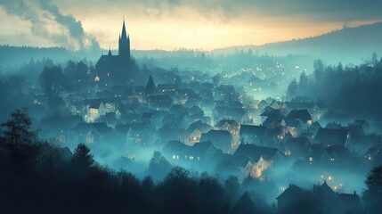 Misty village at twilight, church steeple prominent.