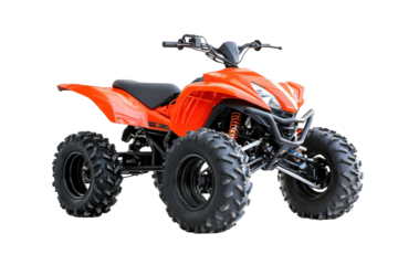 A red ATV with black tires is parked on a white background. on transparent background.