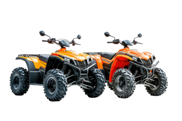 A red ATV with black tires is parked on a white background. on transparent background.