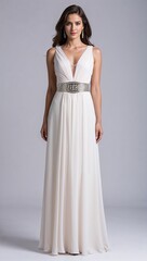 Long chiffon dress rhinestone studded belt white background 