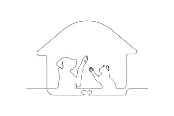 Hand-drawn animal shelter concept line art logo. Pet house one-line art drawing. Vector illustration