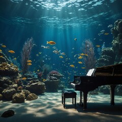 A fish playing the piano inside an aquarium.