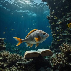 A fish reading a book in an underwater library.