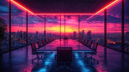 Fototapeta premium Modern conference room with city skyline at sunset 