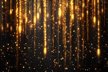 Golden glitter rain falling on black background.