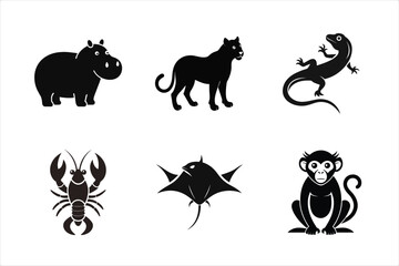 Wildlife Animal Silhouette Bundle Vector of Hippo, Leopard, Lizard, Lobster, Manta, Monkey