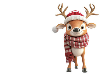 Fototapeta premium A cartoon deer with a red hat and a red scarf on its neck. on transparent background.