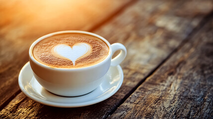 A close-up of a hot cappuccino in a white cup, featuring heart-shaped latte art on a dark brown wooden table, showcasing a caf� food and drink theme.