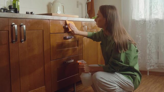 A woman cleans and organizes her kitchen by washing wooden cabinets. She works diligently on maintaining a clean and inviting cooking area while enjoying natural light.