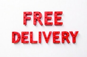 Red glossy letters with tiny heart patterns spell "Free Delivery," creating a festive and romantic design perfect for Valentine's Day promotions.