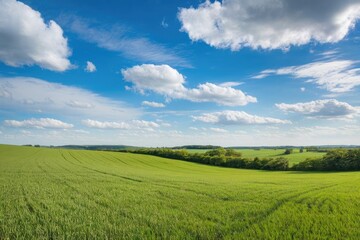 Fototapeta premium Panoramic Landscape of a Rolling Green Field with a Line of Trees Along the Horizon