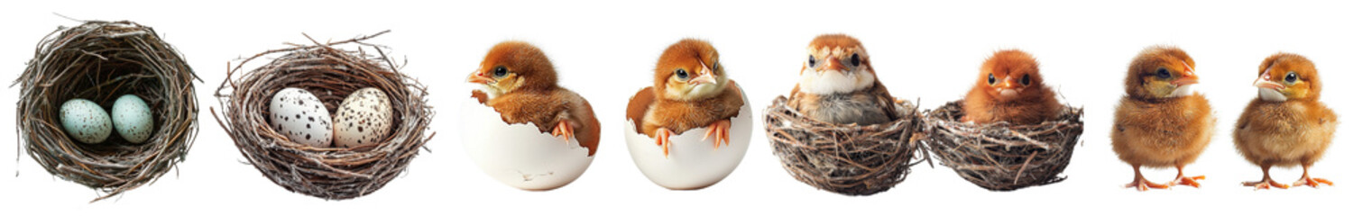 Obraz premium Chicks hatching from eggs in nests, showing growth stages