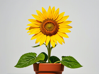 Obraz premium A yellow sunflower in a potted plant on a white background
