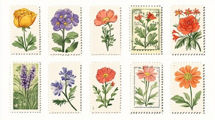 Vintage Postage Stamps with Spring Flowers in Clipart Style. AI generated illustration